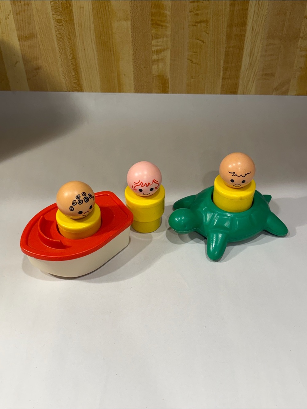 Vintage Fisher-Price Bath Play Set with Red Boat, Green Turtle & Yellow Stacks
